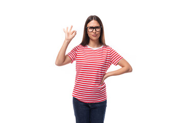 pretty 35 year old european lady in a red striped t-shirt and glasses for vision after laser correction