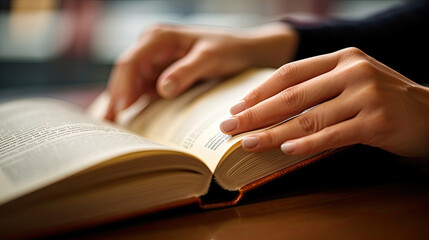 A student's hand turning the pages of a book.