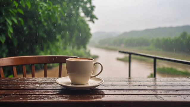 A cup of coffee on the terrace table during heavy rain in the afternoon. Lonely without people. Riverside countryside