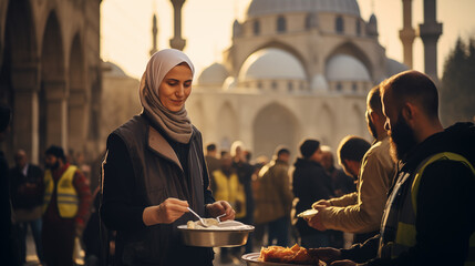 Volunteers distribute food to homeless people on a sunny Middle Eastern city street  - Powered by Adobe
