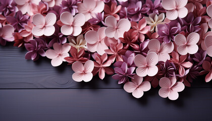 Obraz premium Paper crafted pink and purple hydrangea flowers on a dark wooden surface.