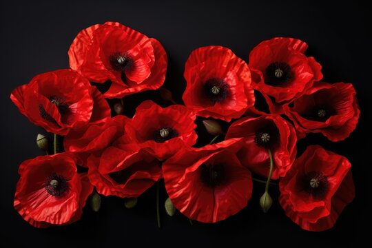 Red Poppies On Black Background, Remembrance Symbol. Сoncept Rainbow Arch In The Sky, Stunning Sunset Over The Mountains