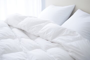 Fototapeta na wymiar White Duvet On Bed, Preparing For Winter Season Photorealism