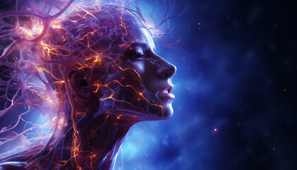 A vibrant digital portrait of a woman with a glowing neural network overlay symbolizing brain activity and connectivity. Concept International Epilepsy Day