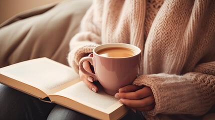 A person holding a book and enjoying a hot cup of tea. 