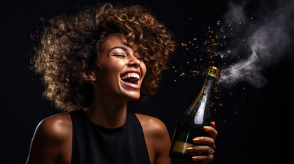 Woman in a black dress laughing and holding a popping bottle of champagne, with the spray and bubbles creating a dynamic and festive atmosphere against a black background.