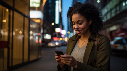 Smiling young woman with curly hair, looking at her smartphone while standing on a city street at night, surrounded by the bright lights and busy life of the urban environment.