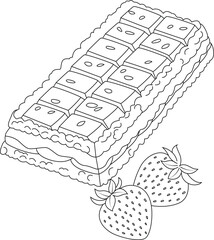 Hand drawn illustration of strawberry energy bar coloring page for kids and adults. Food and drink colouring book