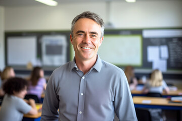 Fototapeta premium Smiling men teacher in a classroom. Teacher in a room. AI. 
