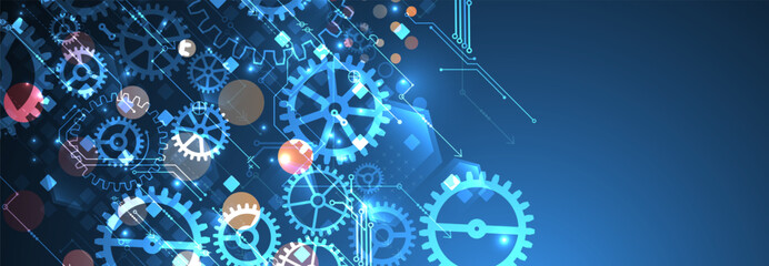 Gear wheel technology pattern on blue gradient background. Hand drawn vector.