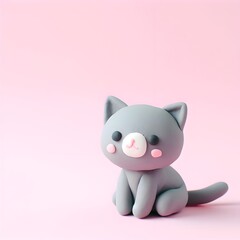 A cute smiling grey cat sitting made of clay on pink background - obrazy, fototapety, plakaty