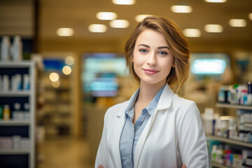 f female pharmacist in the drug store background.