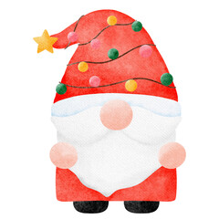 Kawaii santa claus gnome with cute hat watercolor hand drawing illustration