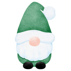 Kawaii mini green santa claus gnome watercolor hand drawing illustration