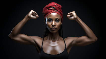 Mujer joven negra de pie con los brazos levantados mostrando el símbolo de fuerza - obrazy, fototapety, plakaty