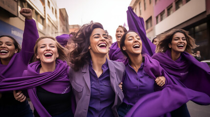 Mujeres jóvenes sonriendo vestidas de morado celebrando la marcha del día de la mujer - obrazy, fototapety, plakaty