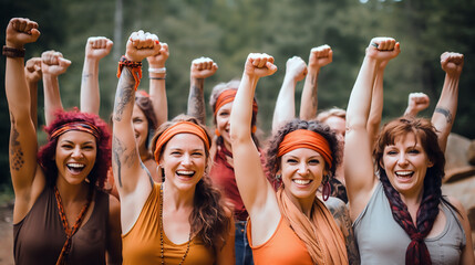 Mujeres de diferentes razas manifestándose de pie con el puño en alto mostrando poder. 