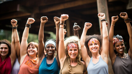 Mujeres alegres de diferentes etnias con los brazo en alto celebrando en grupo el día de la mujer.  - obrazy, fototapety, plakaty