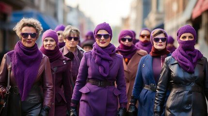 Grupo de mujeres vestidas de morado andando por una calle en la ciudad celebrando el día de la...