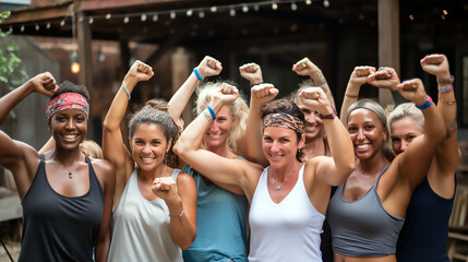 Mujeres sonriendo en grupo con los brazos en alto demostrando estilo de vida fitness - obrazy, fototapety, plakaty