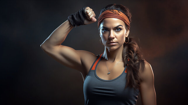 Retrato de Mujer fitness de pie haciendo el símbolo de fuerza con el brazo derecho con un cuerpo fuerte
