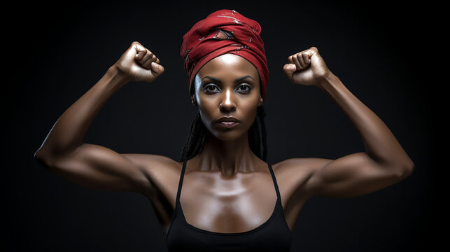 Mujer joven negra de pie con los brazos levantados mostrando el símbolo de fuerza