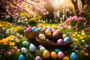 easter eggs in a nest and flowers in the garden - obrazy, fototapety, plakaty