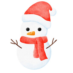 Kawaii snowman with red hat and red scarf watercolor hand drawing