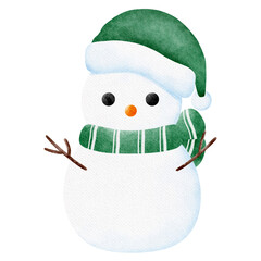 Kawaii snowman with green hat and green scarf watercolor hand drawing