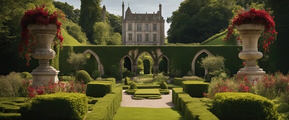 Expensive garden, wedding backdrop, floral arch gate, hedges, gravel walkways, flowers blooming, manicured, grassy, English garden, a medieval castle with red accents far in the distance