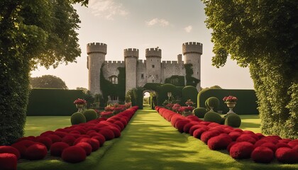 Expensive garden, wedding backdrop, floral arch gate, hedges, gravel walkways, flowers blooming, manicured, grassy, English garden, a medieval castle with red accents far in the distance