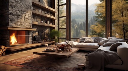 A modern-style living room with a fireplace and a large window. Generative AI.