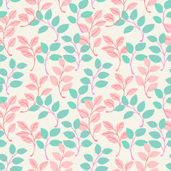 Light pastel cartoon leaves stem seamless pattern. Cute, retro tiny leaf branches print. Vector hand drawn doodle sketch. Design for fashion, fabric, wallpaper.