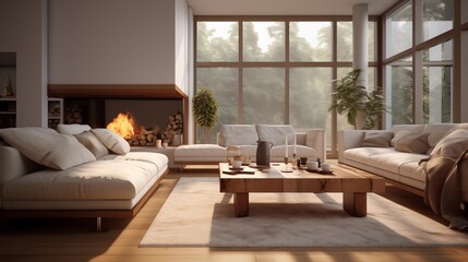 A nordic-style living room with a fireplace and a large window. Generative AI.