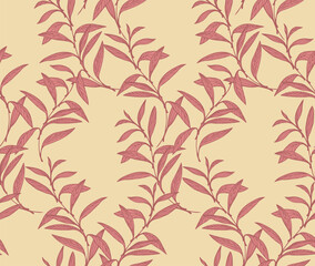 Seamless intertwined branches leaves pattern on a light yellow background. Vector hand drawn sketch. Retro, creative leaf stems print. Design for fashion, fabric, wallpaper.