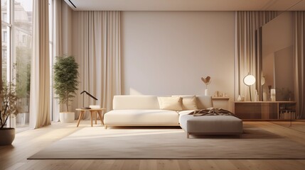 living room interior with large windows. Generative AI.