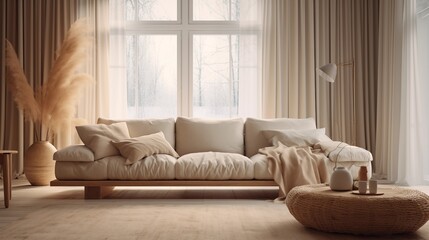 Fototapeta na wymiar A nordic-style living room with a large window. Generative AI.