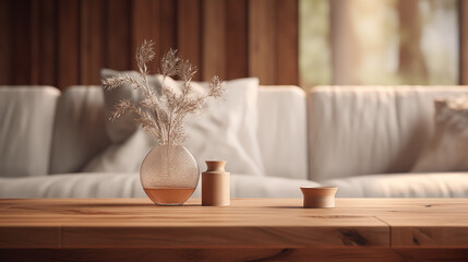 Fototapeta na wymiar A narrow table with vases of mist flowers. warm living room. Generative AI.