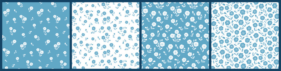 Seamless floral pattern, abstract flower print, ornament with folk motif in the collection. Cute botanical design in two colors: blue, white. Small flowers, leaves, simple hand drawn plants. Vector.
