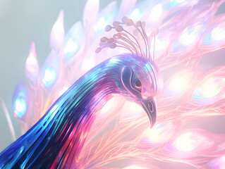 Peacock with colorful crystal feathers on the white background. 3d illustration
