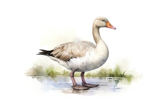 watercolor goose in the water with splashes on white background