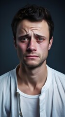 Fototapeta premium Portrait of crying white male against pastel background with space for text, AI generated