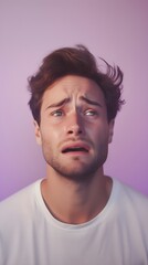 Fototapeta premium Portrait of crying white male against pastel background with space for text, AI generated