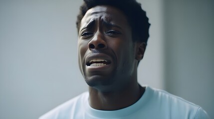 Portrait of crying black male against light blue pastel background with space for text, AI generated