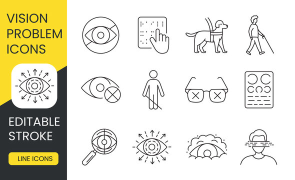 Explore Vision Insight icons, editable strokes for accessibility. Ideal for projects on eye health and disability awareness, featuring guide dog and braille icons.