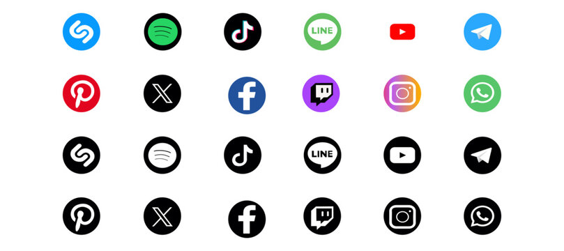 Logotipos redondos de redes sociales en color y blanco y negro. Iconos para web o redes de aplicaciones.