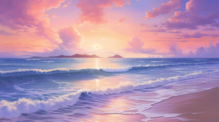 Fototapeta na wymiar Gentle Waves on a Tropical Shore: Paint a picture of peace with a tranquil beach scene, where gentle waves kiss the shore against a backdrop of a pastel-colored sunset