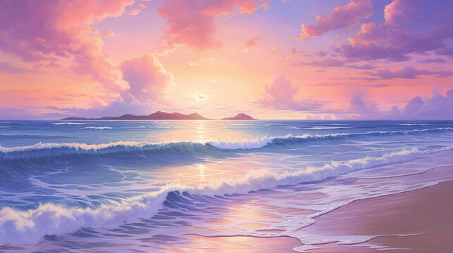 Gentle Waves on a Tropical Shore: Paint a picture of peace with a tranquil beach scene, where gentle waves kiss the shore against a backdrop of a pastel-colored sunset
