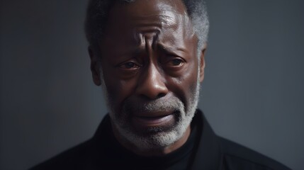 Portrait of crying elderly black male against dark background with space for text, AI generated