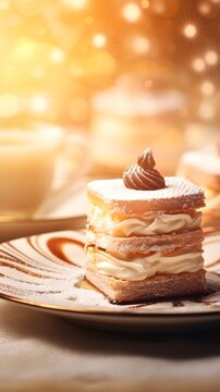 Sunbeams background Tiramisu cakes frame art with space for text, background image, AI generated